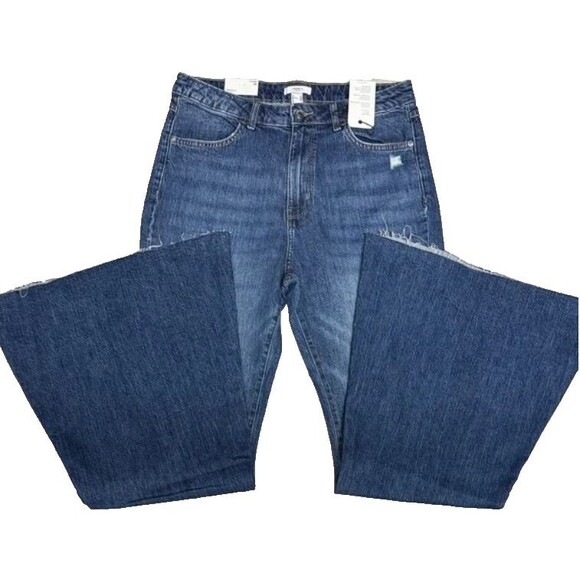 Forever 21 Flare, Bell Bottom Junior Blue Jeans with Daisy Embroidery, Size 26 - Picture 2 of 9